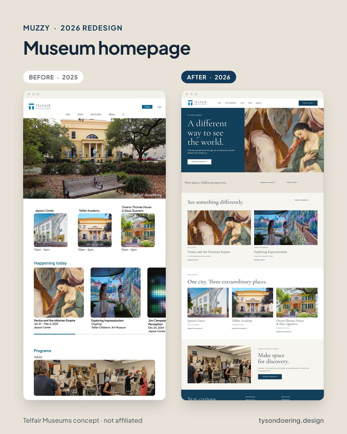 Muzzy museum homepage, before and after