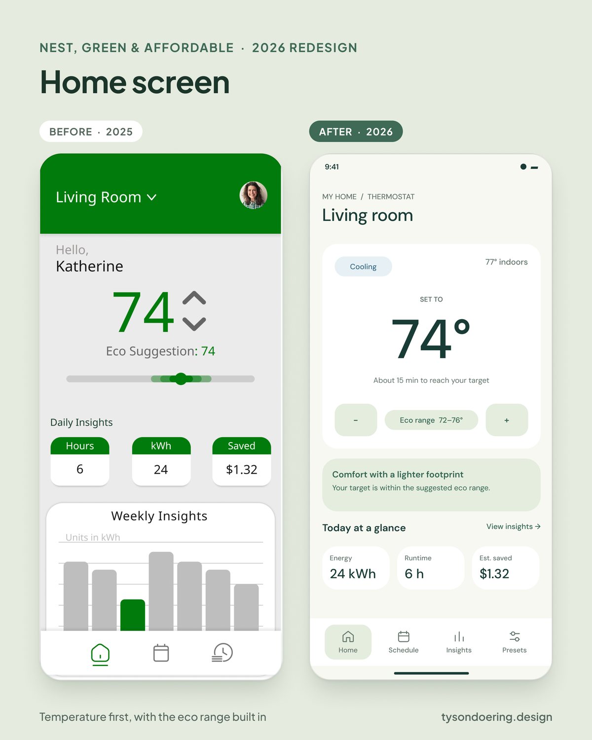Nest app Home screen, before and after