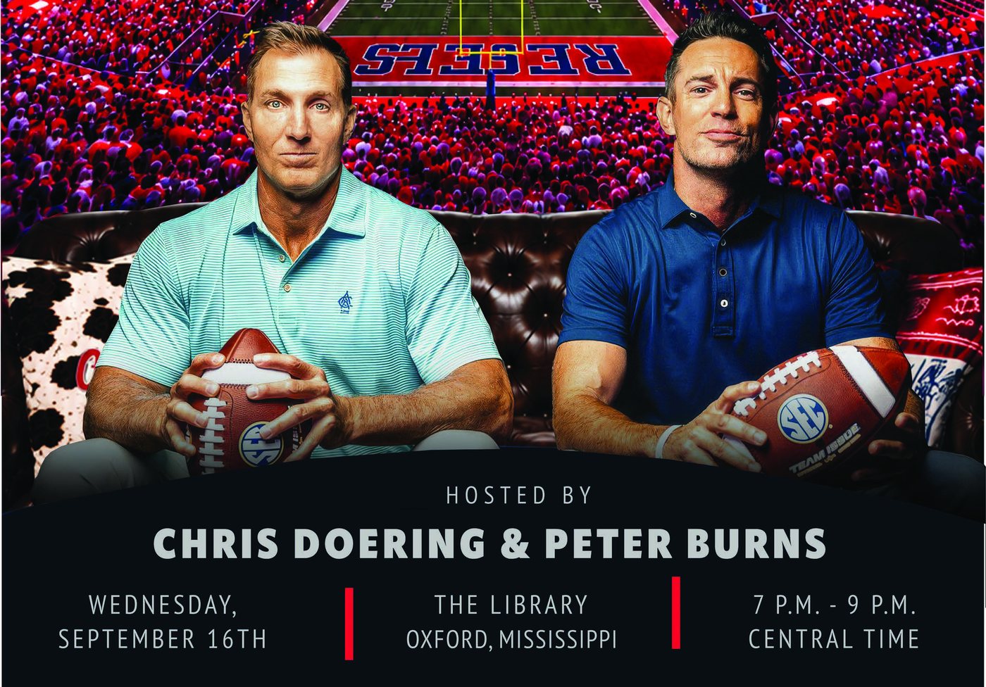 Poster middle: the hosts on a leather couch holding footballs, with the event details below