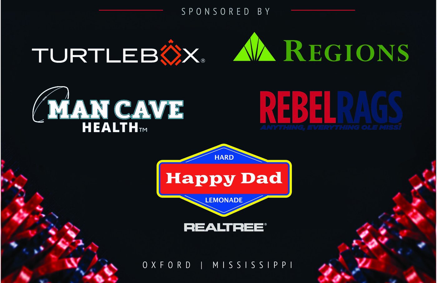 Poster bottom: sponsor logos for Turtlebox, Regions, Man Cave Health, Rebel Rags, Happy Dad, and Realtree